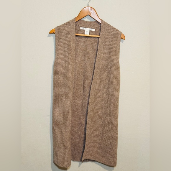 Max Studio Cardigan Sweater Med Merino Wool Blend Tan Open Front Sleeveless Vest - Picture 2 of 6